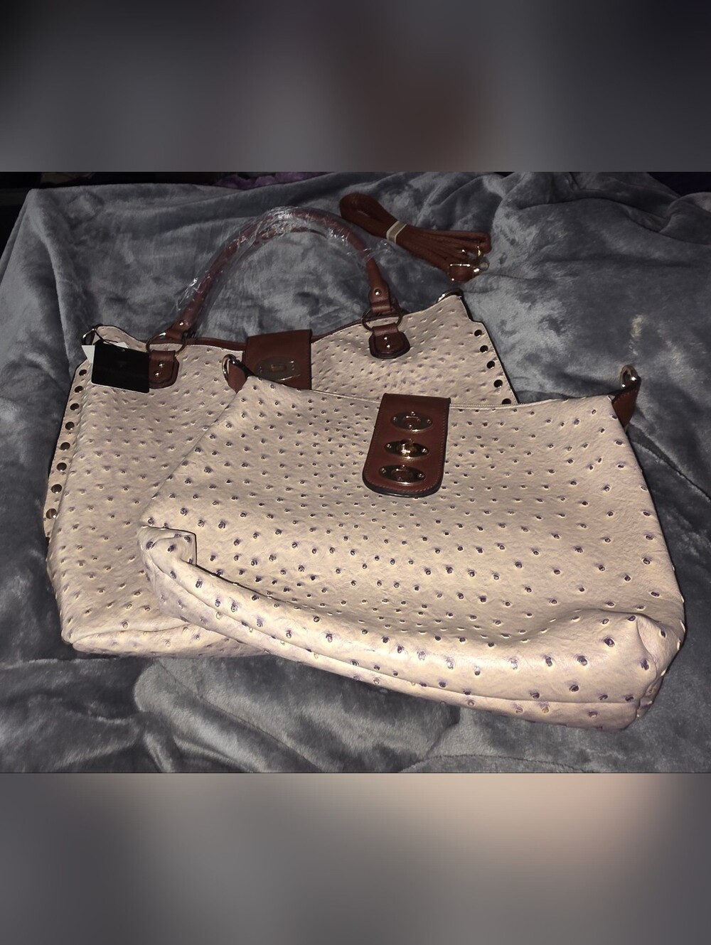 Cream Ostrich Tote, Purse, and Crossbody Set with Brown Trim